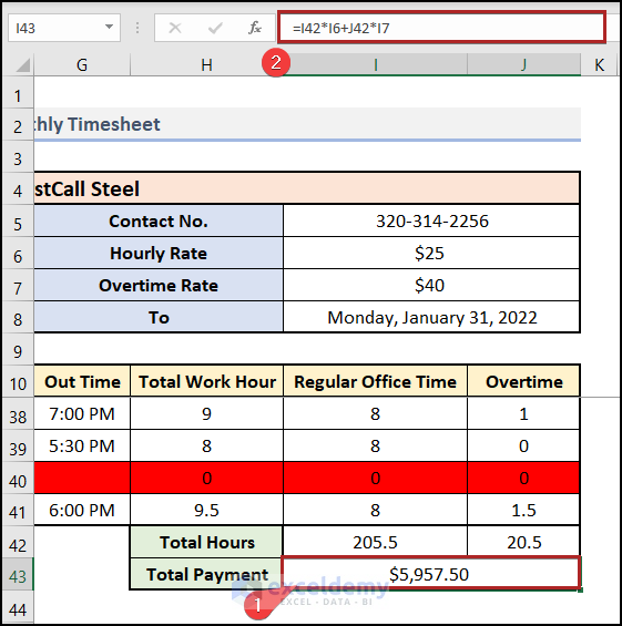 Calculating Total Payment of Monthly Timesheet in Excel