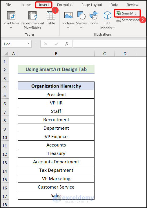 Using SmartArt Design Tab to Create an Organizational Chart