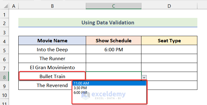 Pasting Validation Feature in Remaining Cells in Show Schedule Column to create multi level hierarchy in excel