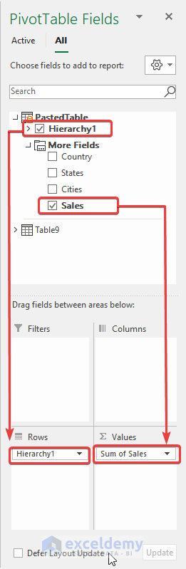 editing pivot table fields to create multi level hierarchy in excel