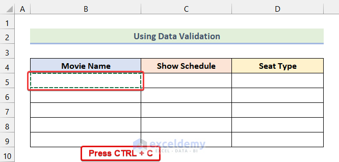 Pasting Validation Feature in Remaining Cells in Movie Name Column to create multi level hierarchy in excel