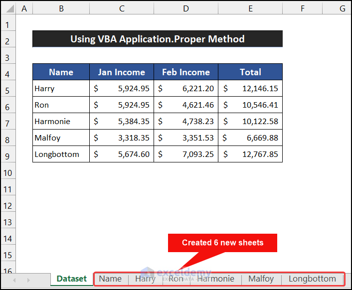 Using VBA Application.Proper Method to Create New Sheets for Each Row