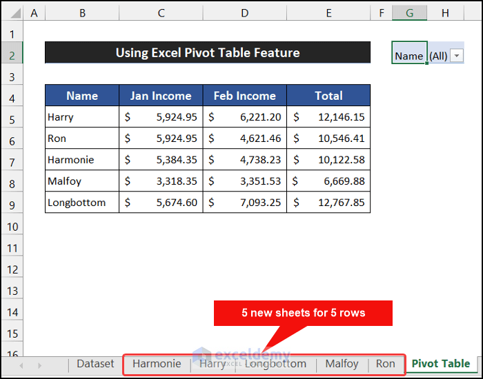 Using Excel Pivot Table to Create New Sheets for Each Row