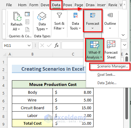 Opening Scenario Manager in Excel to Create Scenarios