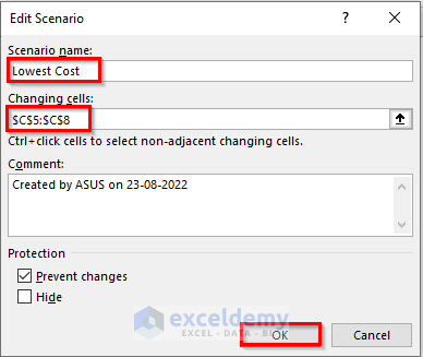 Entering Scenarios Name and Changing Cells Number in Excel