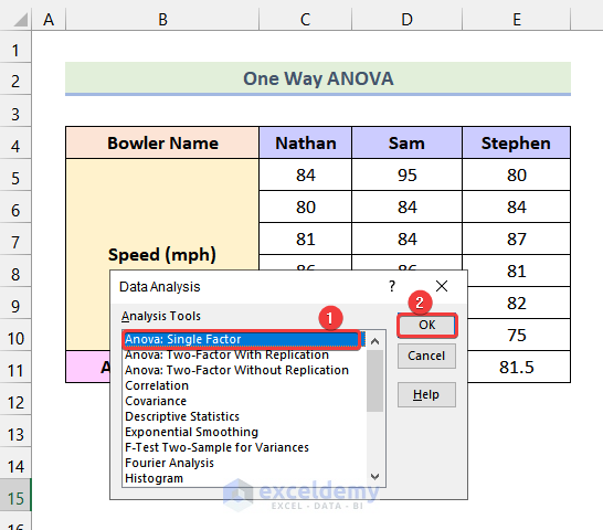 choosing ANOVA: Single Factor to do ANOVA in Excel 