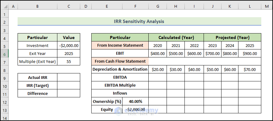input basic particulars to Do IRR Sensitivity Analysis in Excel