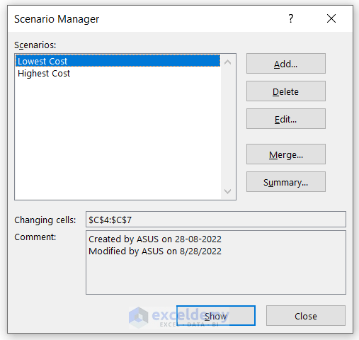 Opening Scenario Manager to Edit Scenarios in Excel