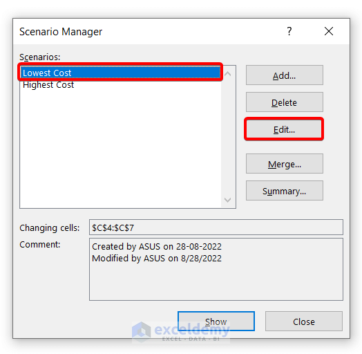 Using Scenario Manager to Edit Scenarios in Excel