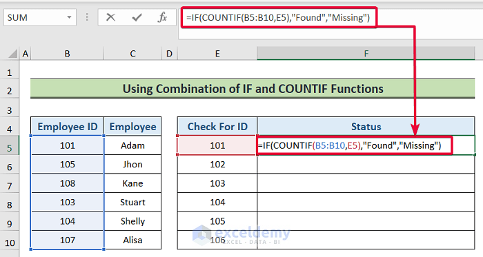 inserting if and countif function to find missing values in excel