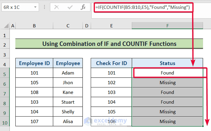 using combination of if and countif functions to find missing values in excel