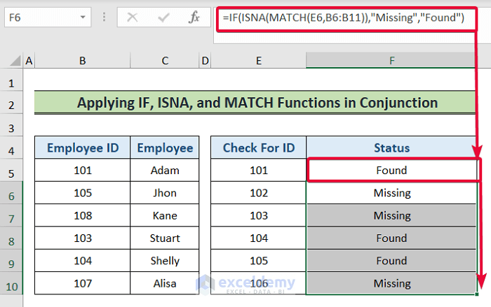 combining if, isna, and match functions to find missing values in excel