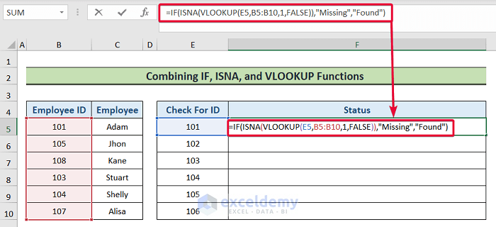 inserting if, isna and vlookup functions to find missing values in excel