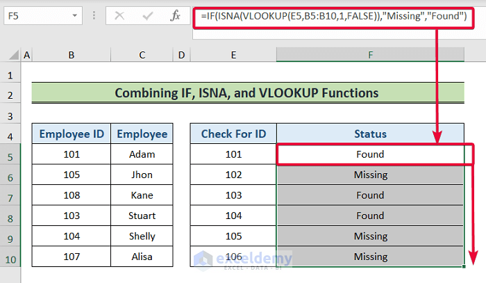 applying if, isna, and vlookup functions in conjunction to find missing values in excel