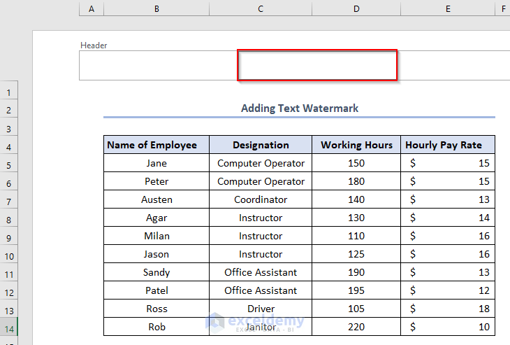 how to fix watermark in excel, text watermark 