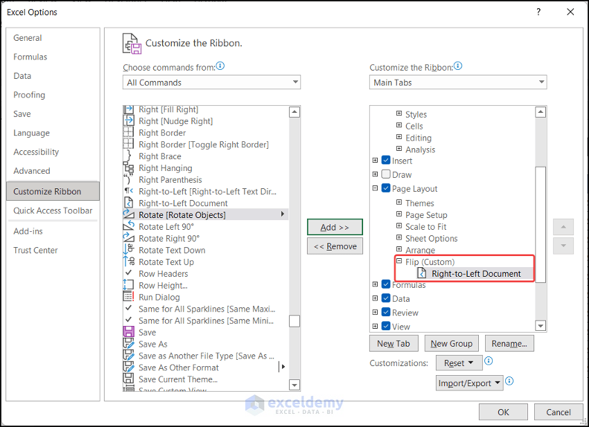 Customizing Ribbon to Flip Excel Sheet from Left to Right