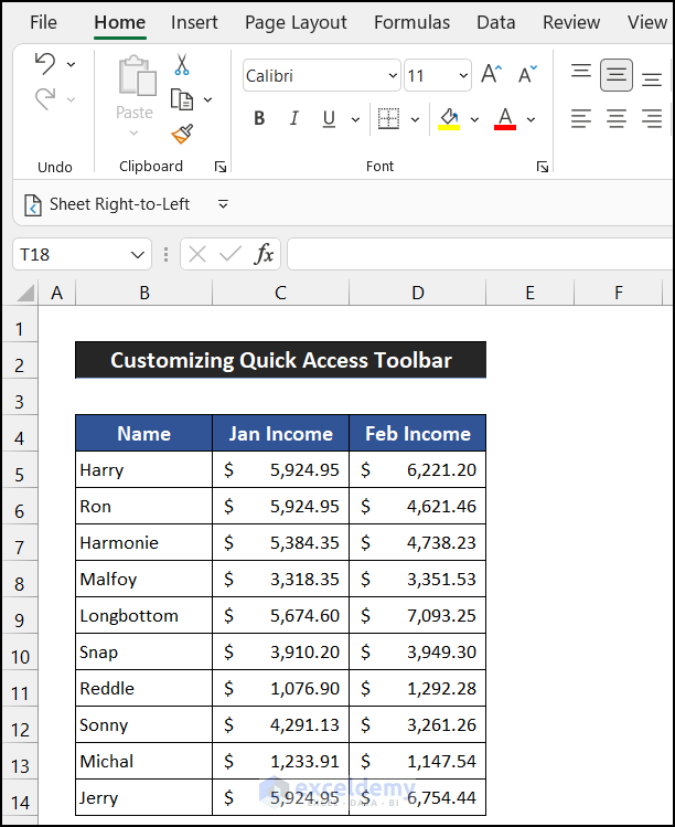 Customizing Quick Access Toolbar to Flip Excel Sheet from Left to Right