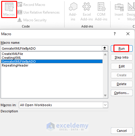 how to generate xml file from excel using macro