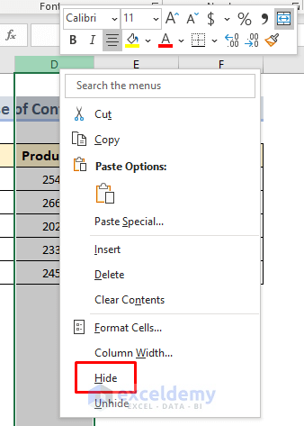 Hide Columns in Excel Without Grouping