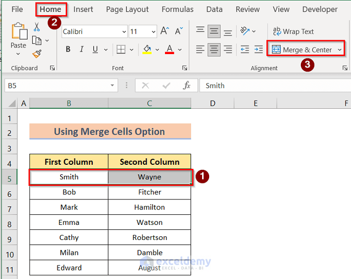 Using Merge Cells option to Join Two Columns in Excel