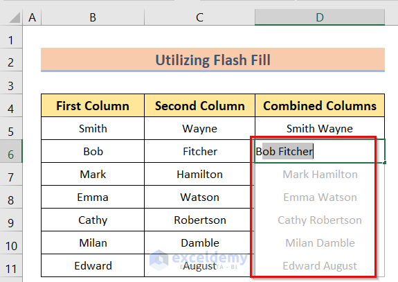 Using Flash Fill to Join Two Columns in Excel
