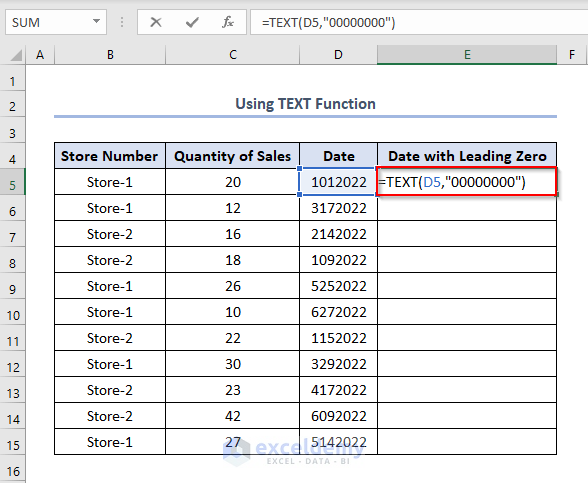 leading zero in excel date format, TEXT function