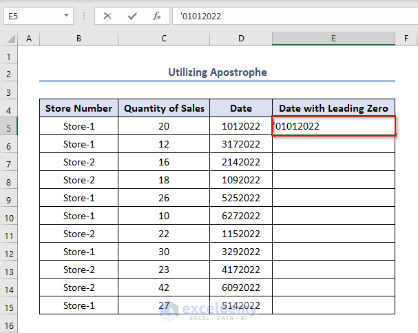 leading zero in excel date format, using Apostrophe