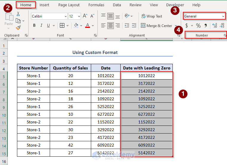 leading zero in excel date format, using Custom Number format