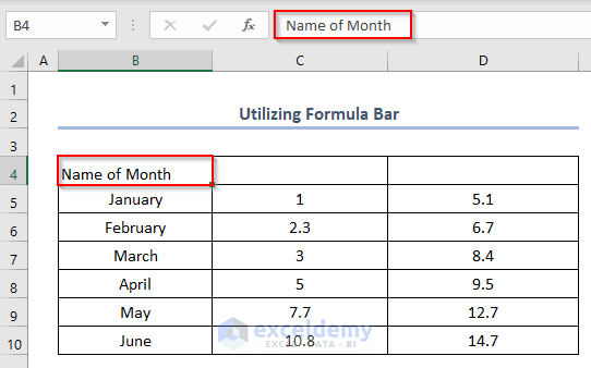how to make a title in excel using Formula Bar