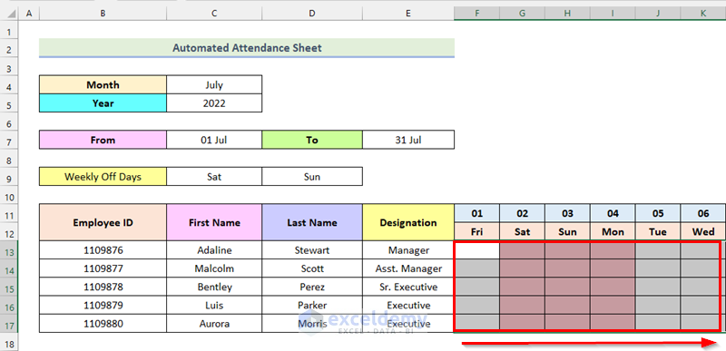 how to make automated attendance sheet in excel Using Conditional Formatting for Off Days