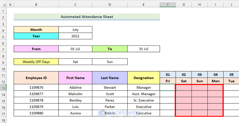 how to make automated attendance sheet in excel Using Conditional Formatting for Off Days