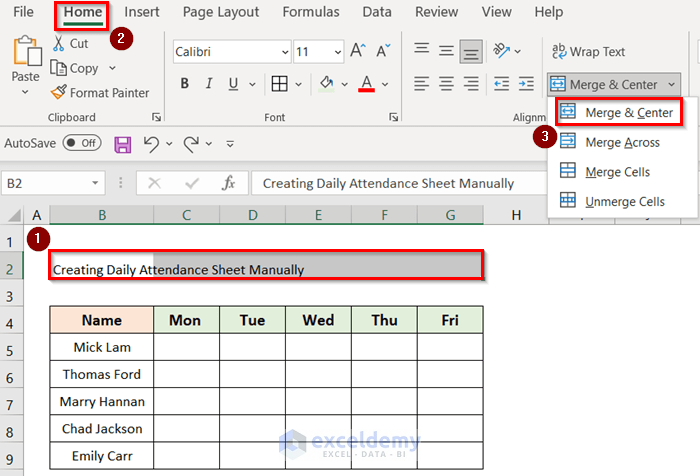 Create Daily Attendance Sheet in Excel Manually