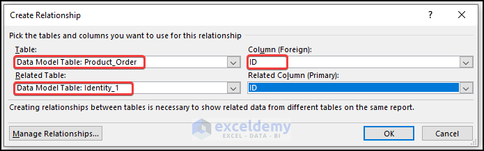 Input data in the dialog box to manage relationships