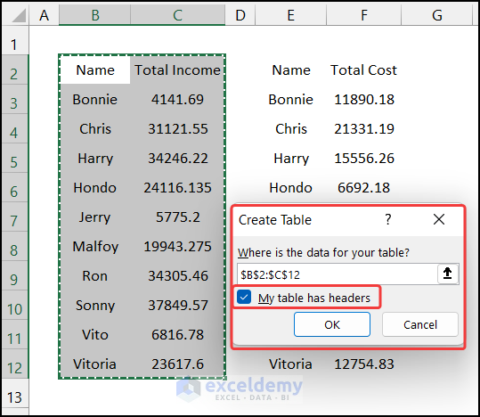 Converting the data range into table to merge both tables