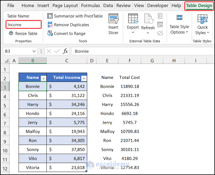 Renaming and formatting the Excel normal table