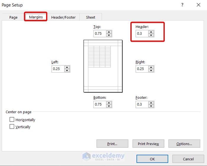 Using Page Setup Dialog Box to Move Header in Excel
