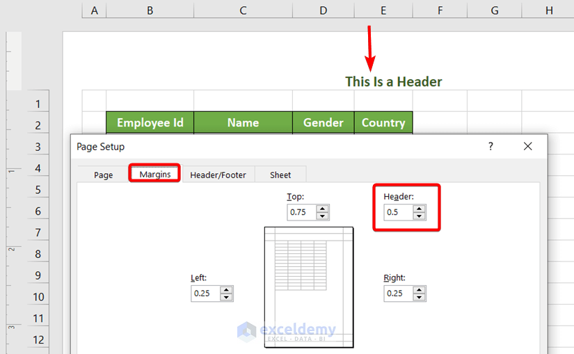 Using Page Setup Dialog Box to Move Header in Excel
