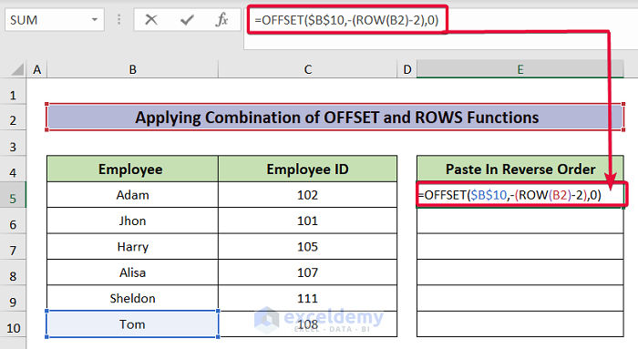 inserting formula to paste in reverse order in excel