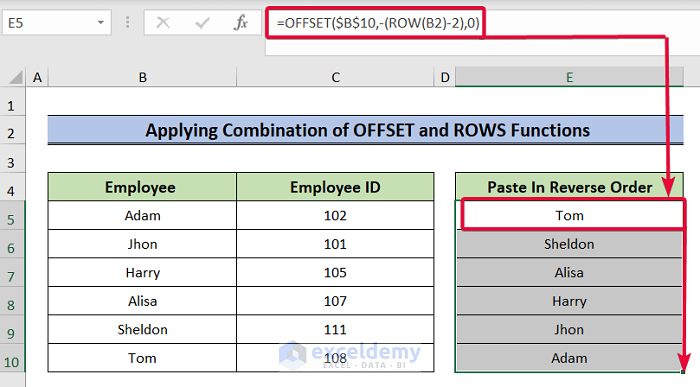 applying combination of offset and row functions to paste in reverse order in excel