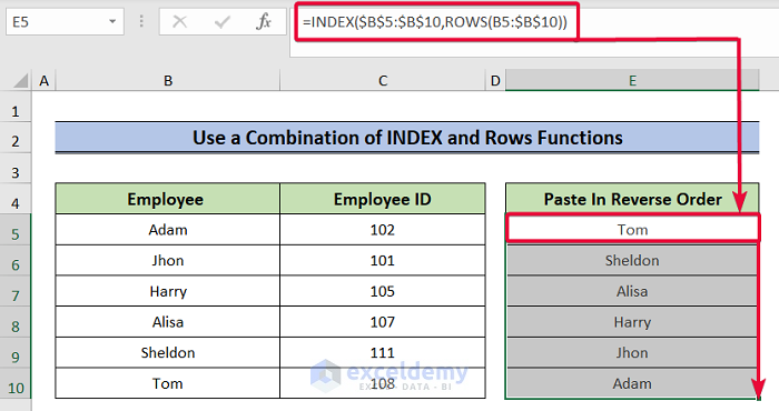 using index and rows functions to paste in reverse order in excel
