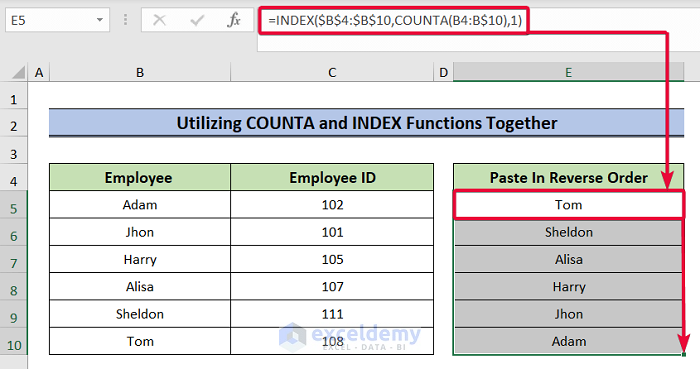 utilizing counta and index functions together to paste in reverse order in excel
