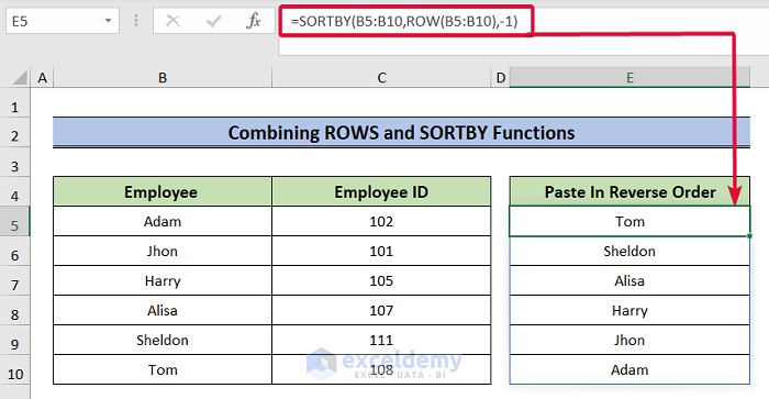 combining rows and sortby functions to paste in reverse order in excel
