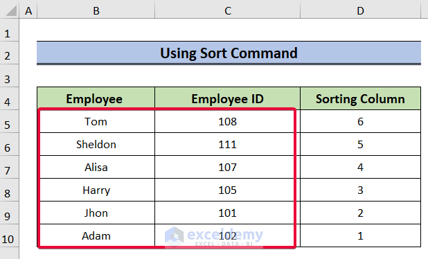 using sort command to paste in reverse order in excel