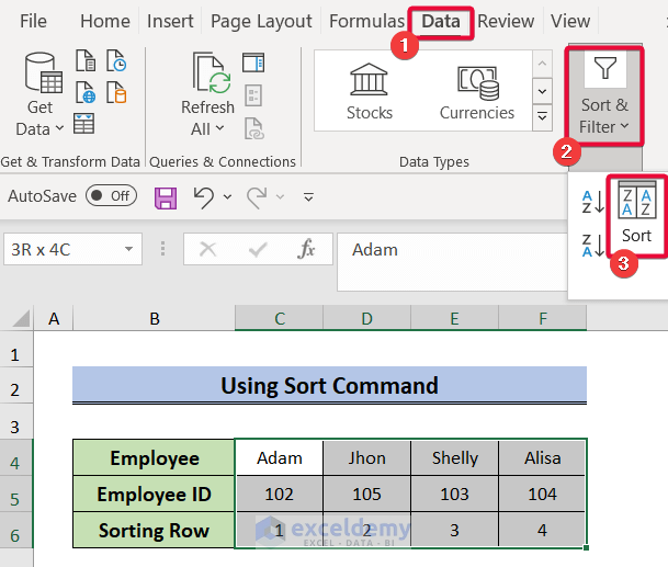 navigating to sort command to paste in reverse order in excel