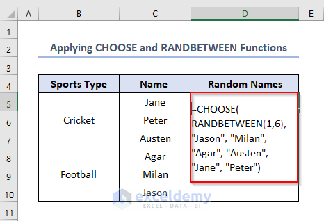Applying CHOOSE and RANDBETWEEN Functions to Randomly Select Names in Excel