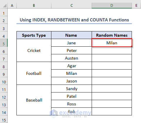 Utilizing INDEX, RANDBETWEEN and COUNTA Functions to Randomly Select Names in Excel