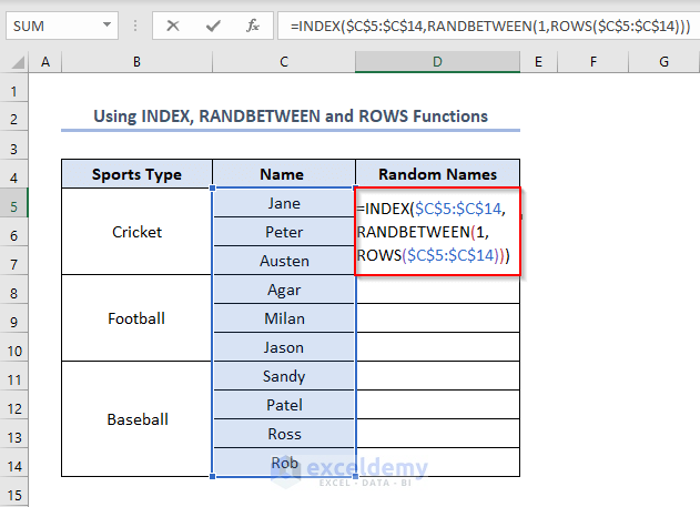 Using INDEX, RANDBETWEEN and ROWS Functions