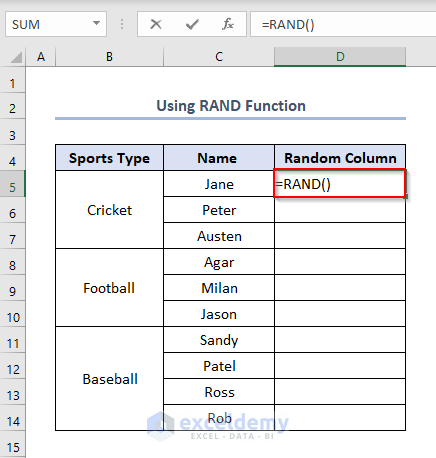 Using RAND Function to Randomly Select Names in Excel
