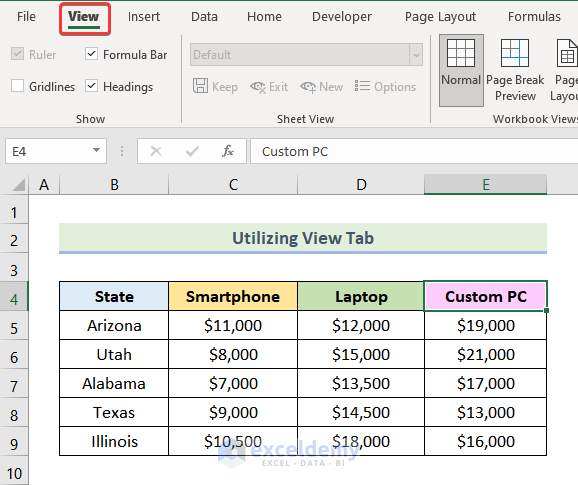 how to remove column headers in excel Utilizing View Tab to Remove Column Headers