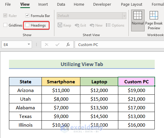 how to remove column headers in excel Utilizing View Tab to Remove Column Headers